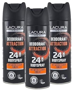 Attraction Lot de 3 déodorants en spray pour homme - Protection 24 h, parfum sensuel et formule anti-taches blanches - Déodorant végétalien sans microplastique (Lacura)