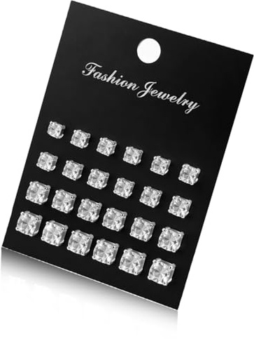 12 Pairs CZ Studs Earrings for Women Silver Sparkling Rhinestones Studs