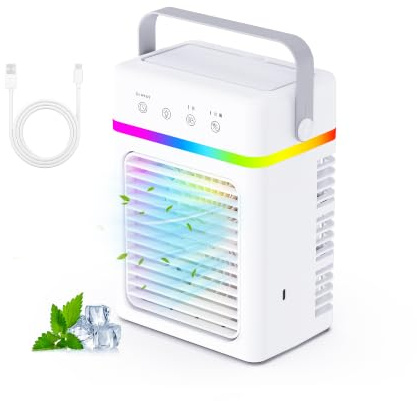 Enfriador de Aire 900ML | Aire Acondicionado Portatil 2 Niveles de Bruma + 3 Velocidades de Aire | Mini Aire Acondicionado Temporizador 2/4/6H | Luz LED RGB & USB 10W – Ideal para Oficina y Dormitorio