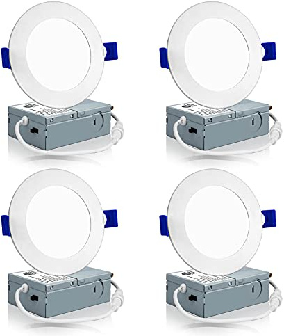 Meconard 4 Pack 4 Inch LED Recessed Ceiling Light with Junction Box, 3000K/4000K/5000K Selectable, 9W=75W 750LM, Dimmable Canless Downlights, ETL and Energy Star Listed
