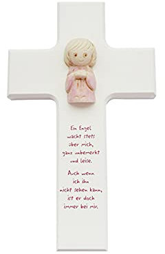 Barnkors ca. 15 x 9 cm vit med tonängel (ca 4 cm) rosa målad text En ängel vaknar alltid.