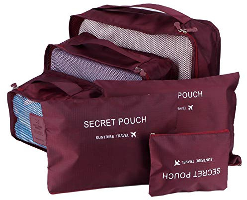 6 Piezas/Juego Bolsa de Almacenamiento de Viaje, Organizador de Viaje Bolsas de Compresión para Equipaje Paquetes de Clasificación de Ropa Multifuncional para Cosméticos Artículos de Tocador (Rojo)