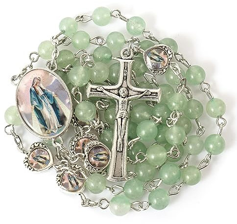 Nazareth Store Natursteinperlen mit wundersamen Epoxid-Herz-Metallperlen, Rosenkranz-Halskette, Edelstein, christliche Geschenke (Green Aventurine)