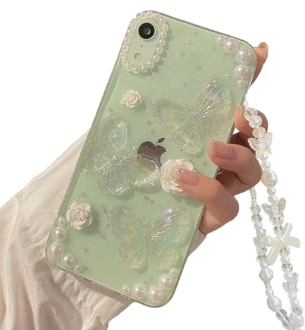 Faneiy för iPhone XR fodral med telefon berlockkedja, 3D fjäril blomma pärla söt estetisk telefonfodral, kristallklart glitter skyddsfodral kvinnor flicka för iPhone XR 16,1 cm