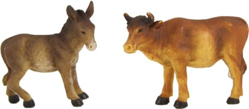 FADEDA 2 x bue e asini in piedi/altezza: 6 cm/dipinti a mano/statuette fedeli ai dettagli, decorazione da tavolo di Natale accessori presepe