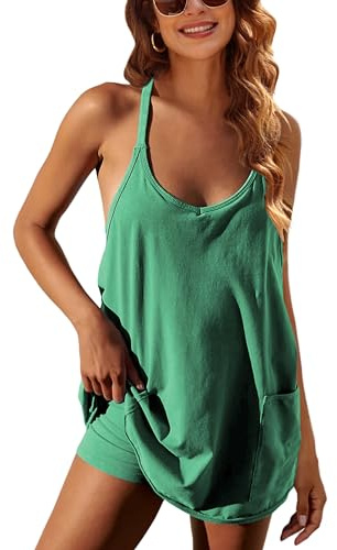 VATEAMI Womens Summer Athletic Dress Tennis Sundress Built in Shorts Green