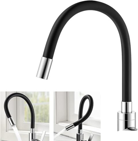RRMMAN Robinet mitigeur d'évier flexible, bec long, noir flexible rotatif à 360° en acier inoxydable, levier unique, eau froide et chaude