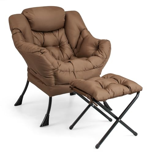 Giantex Lazy Chair with Ottoman, Accent Sofa Chair with Folding Footrest, Side Storage Pocket, Upholstered Leisure Lounge Armchair with Stool for Bedroom, Living Room, Office, Brown