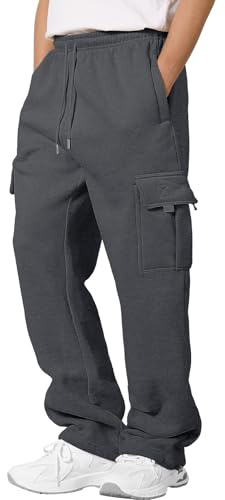 CMTOP Pantaloni Tuta Uomo Invernali Pantaloni Cargo in Pile Termici Pantalone Tuta Jogger Larghi Sportivi Pantaloni Casual Cotone Pantaloni Palestra con Tasconi e Coulisse(Grigio Scuro, XXL)