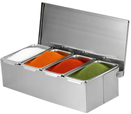 Sunicon 4 scomparti Condimento in acciaio inossidabile,porta condimenti Vasi per spezie Contenitore grande per condimenti con coperchio per organizzazione e conservazione degli alimenti