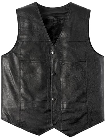 Harbrosrce PU-läder väst för män fleece fodrad motorcykel väst vintage retro läder gilet cyklist varm vardaglig v-ringad ärmlös jacka, B-svart, XL