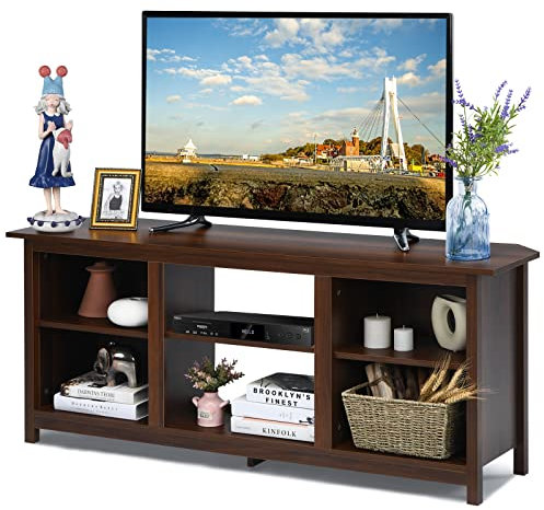 Moderno soporte de TV para TV de 65 pulgadas con 6 estantes abiertos, chimenea, mesa consola multimedia para sala de estar, centro de entretenimiento de madera (marrón)