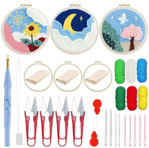 Woohome broderi startkit punch needle kit med broderiram, stansnålduk, garn, stansnål för hantverk sömmar (solros och träd)