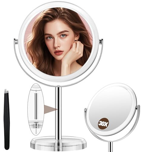 PEDOMIROR Vergrößerungsspiegel 30X/1X, Schminkspiegel mit Pinzette, 360° drehbarer Kosmetikspiegel mit abnehmbarem Sockel, 8 Zoll Tischspiegel für Büro und Wohnheim (klar)