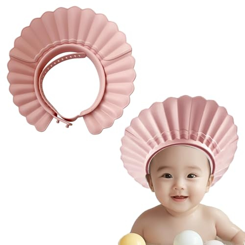 KAMHBE Bonnet de douche pour enfants, visière réglable pour le lavage des cheveux, le shampooing et le visage pour les yeux, les oreilles et le visage (coquille-rose)