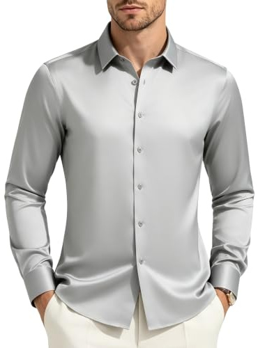 Casey Kevin Camisa Sin Plancha Hombre - Camisas Manga Larga de Satén | Camisas Hombre Manga Larga de Satén Elegante - , Ideal para Casual, Oficina, Fiesta y Look Diario