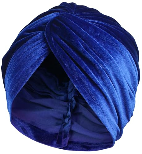 HIQUACC Velvet Turban Hat for Women Pre Tied Headwrap Beanie Cap Blue
