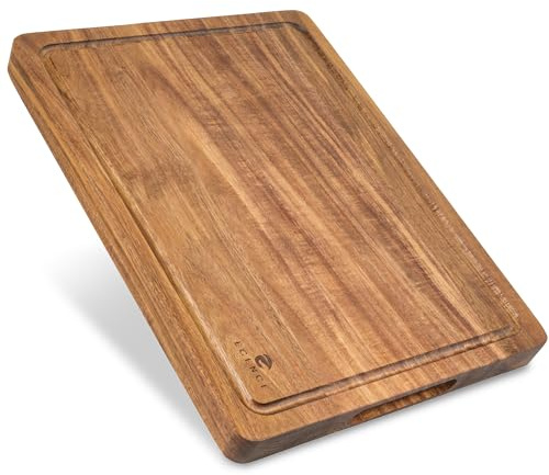ECENCE Tagliere in legno di acacia - tagliere da cucina di alta qualità con canalina raccogli-succhi e maniglie laterali, utilizzabile su entrambi i lati per tagliare e servire, 40x30x3cm
