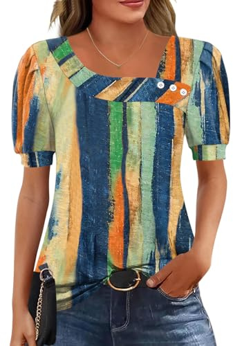 Rapbin Womens Blouse Puff Short Sleeve T-Shirt Buttons Shirt Elegant Asymmetrical Neck Tunic Ladies Top for Leggings