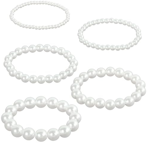 EKKONG 5 Stück Perlenarmband Damen, Perlenarmband Damen Weiß，Perlen Armband für Muttertag Geburtstage Jubiläen Valentinstag Verlobung (4/6/8/10 /12mm)