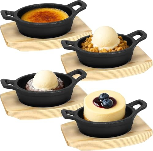 Juego de 4 mini sartenes de hierro fundido con posavasos de madera, sartenes pequeñas (10 cm), sartenes redondas de hierro fundido para horno y servir, ideales para tapas, postres y guarniciones