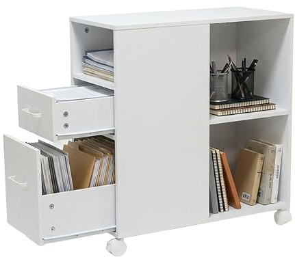 Relaxdays rullcontainer, 2 lådor, 3 fack, HxBxD: 65 x 30 x 60 cm, MDF, vit | skrivbordsskåp, arkivskåp