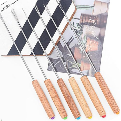 Aramox 6 Pezzi Forchetta per Fonduta Forchette per Fonduta in Acciaio Inox con Manico in Legno di Quercia 9,4 Pollici Set di Forchette per Fontana di Cioccolato per di Formaggio e Frutta per