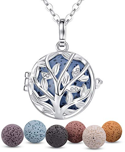 INFUSEU Collar árbol De La Vida, Aromaterapia Colgante Mujer Difusor De Aceite Esencial Con Circon Cubico Dije Perfume Plateado Plata Con 7 Pc Lava Piedras Y Cadena De 24 
