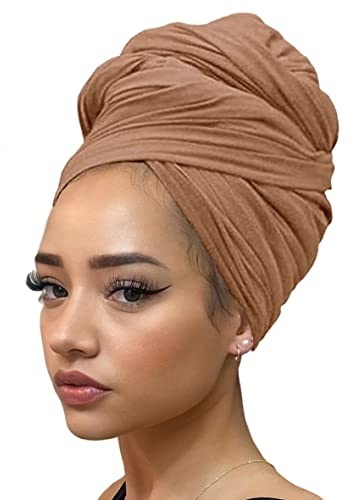 Kachanaa African Turban Head Wraps Jersey Stretch Hair Scarf Long Shawls Solid Color Soft Lightweight Head Bands Tie for Black Women/Camel