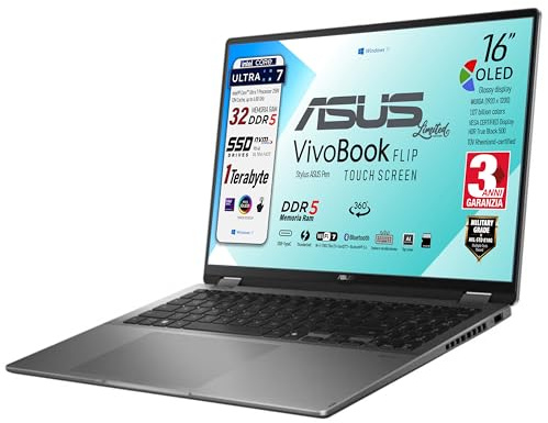 ASUS Vivobook 16 FLIP, Intel® Core™ Ultra 7 258V, Intel Arc Pro, Display OLED Touchscreen 16 WUXGA FHD+, DDR5 32Gb, SSD 1Tb, Win 11, Wi-Fi 7, bt 5.4, tastiera retroilluminata, Pen, Gar 3 Anni