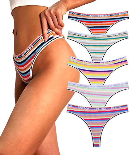 FINETOO Lot de 5 strings pour femme en coton avec taille basse - Taille basse - Sous-vêtements de sport - Rayures multicolores - Tailles S à XL
