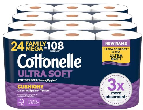 Cottonelle Ultra Comfort Toilet Paper with Cushiony CleaningRipples Texture, Strong Bath Tissue, 24 Family Mega Rolls = 108 Regular Rolls (4 Packs of 6)