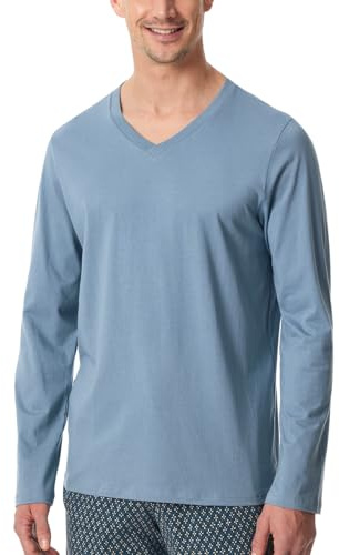 Schiesser Herren Schlafshirt Langarm V-Ausschnitt Organic Cotton-Mix + Relax Pyjamaoberteil, blaugrau_182043, 50