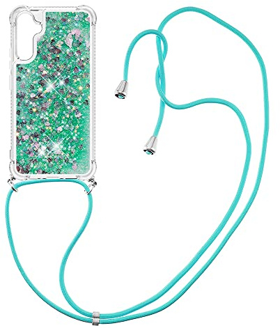 IMIRST Lanyardfodral kompatibelt med Samsung A34 Bling flytande glitter silikonskal stötsäkert Kawaii-skydd med sladd halsband fodral för Samsung Galaxy A34. LP kärlek grön