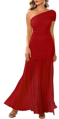 LAGSHIAN Women's Elegant Formal Long Dress One Shoulder Sleeveless Ruched Bodycon Evening Dress Red