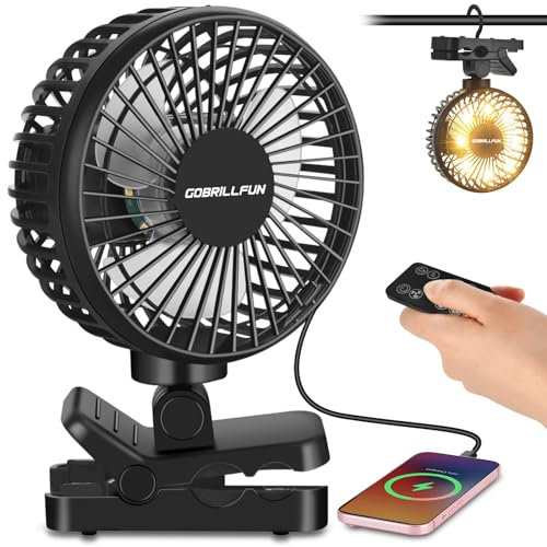 Ventilateur à pince portable 4000 mAh avec télécommande, rechargeable avec fonction batterie externe, lumière LED, minuterie, 4 vitesses – pour poussette, voiturette de golf, bureau, camping et voyage