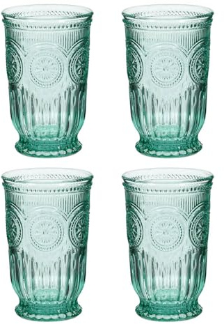Tumbler Glasses Set of 4 Vintage Style Drinking Glasses with Embossed Mandala Design Turquoise, Purple Blue & Amber Highball Glasses with Footed Bases Drinking Glass Set (Turquoise)