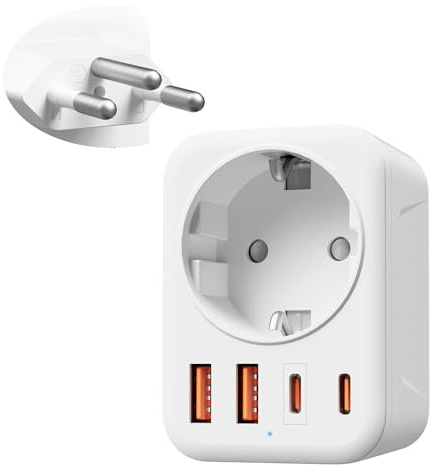 Schweizisk EU-adapter, 5 i 1 schweizisk reseadapter med 1 AC och 2 USB-C och 2 USB-A (3.4A), schweizisk 3-polig adapter för Liechtenstein, Madagaskar, Maldiverna, Rwanda, resekontakt typ J