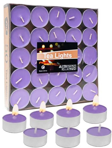 Artisoul® 50 Pezzi Lumini Candela Tealight Premium - Durata 4,5 Ore di Combustione Mini candele - Non profumate e Senza Fumo Privo di Inquinanti - Tè Luci Ceri Votivi Candele da Tè- Viola