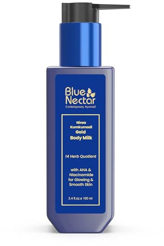 Blue Nectar 24K Carat Gold Body Milk for Women & Men | Body Lotion with Plant Based AHA & Niacinamide | Moisturizer for Body | All Skin Types (14 Herbs, 100ml)