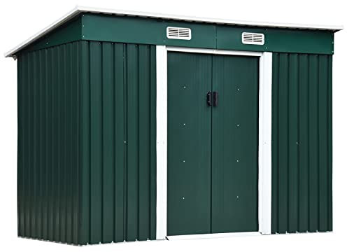 Outsunny Casetta da Giardino 2.9m² in Lamiera d'Acciaio, Capanno Porta Attrezzi da Giardino con Base, Presa d'Aria e 2 Porte Scorrevoli, 261x131x182 cm, Verde