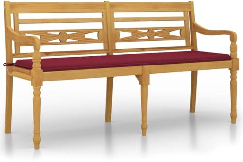ULUYYUC Batavia Banc de tente à bière Banc de jardin avec coussin rouge bordeaux 150 cm en teck massif pour cour, terrasse, jardin, parcs