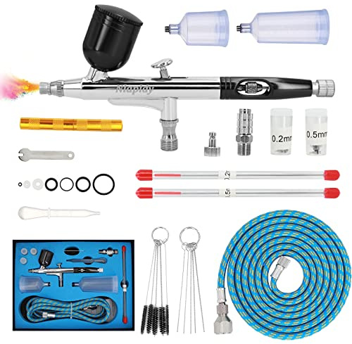 Kit Aerografo a Doppia Azione – Pistola Airbrush con Ugelli da 0,2mm/0,3mm/0,5mm, Tazze da 10cc/20cc/40cc, Tubo Aria e Set di Pulizia – Perfetto per Pittura, Nail Art e Tatuaggi