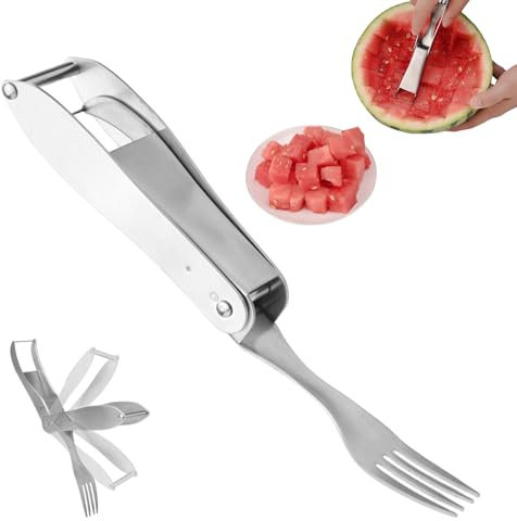 BOXOB Watermelon Fork Slicer Cutter, 7.6x1.38x0.87in 2-in-1 Stainless Steel Melon Mango Cutter Fruit Carving Tools Slicer Kitchen Gadget for Camping Party Home Use