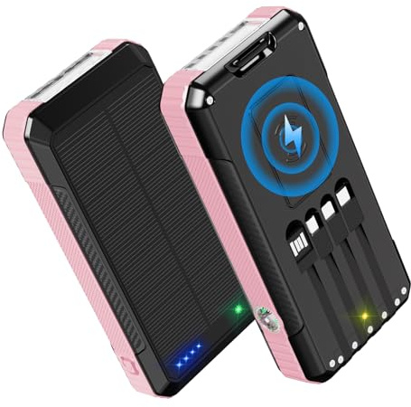 Solar Power Bank 49800mAh, Portable Charger with Built-in 4 Cables, 22.5W Fast Charging Solar Panel Charger for Traveling, Camping and Emergency(Pink)