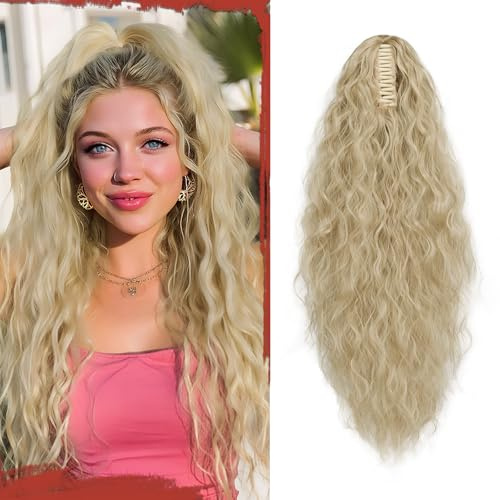 Sofeiyan Coda di Cavallo con Pinza, 56 cm Lunga Ondulata Riccia Extension Ponytail Sintetica Clip Claw Posticcio Naturale per Capelli Donna, Biondo Cenere