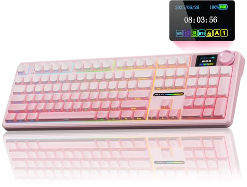 AULA F108 PRO - Wireless Mechanical Keyboard with Screen & Knob,Full Size Keyboard with 8000mAh Battery,Pre-lubed Switches,Side Printed PBT Keycaps,RGB Backlit Hot Swappable Custom Pink Keyboards