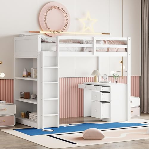 BXEYXE Cama alta 90 x 200 cm con armarios de almacenamiento y escritorio para ordenador. Cama alta multifuncional para niños de madera en color blanco