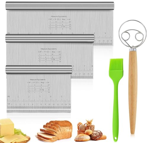 Set of 3 Stainless Steel Dough Scrapers, 15/20/25 cm, Non-Stick Dough Card with Dough Stirrer, Pastry Brush, Dough Cutter, Dough Spatula with Measuring Scale, Cake Scraper for Bread Shaping, Bread