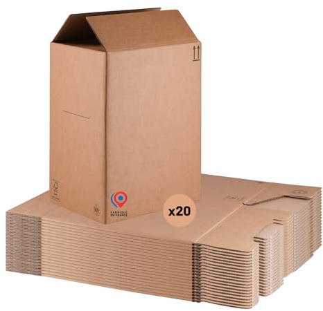 Cartons de Déménagement Double Cannelure, Lot de 20, 39x29x51 cm, 52L, Résistance 30kg, Fond Semi-automatique